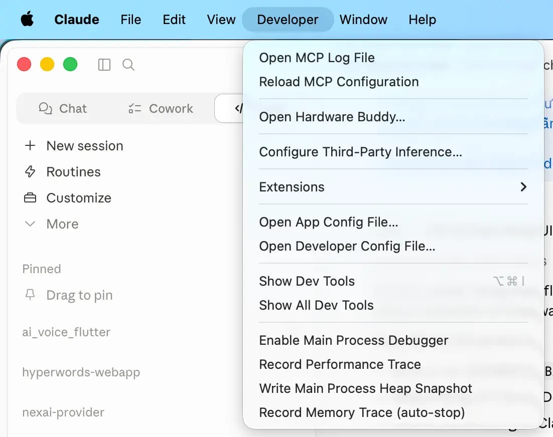 Claude Desktop — menu Developer chọn Configure Third-Party Inference