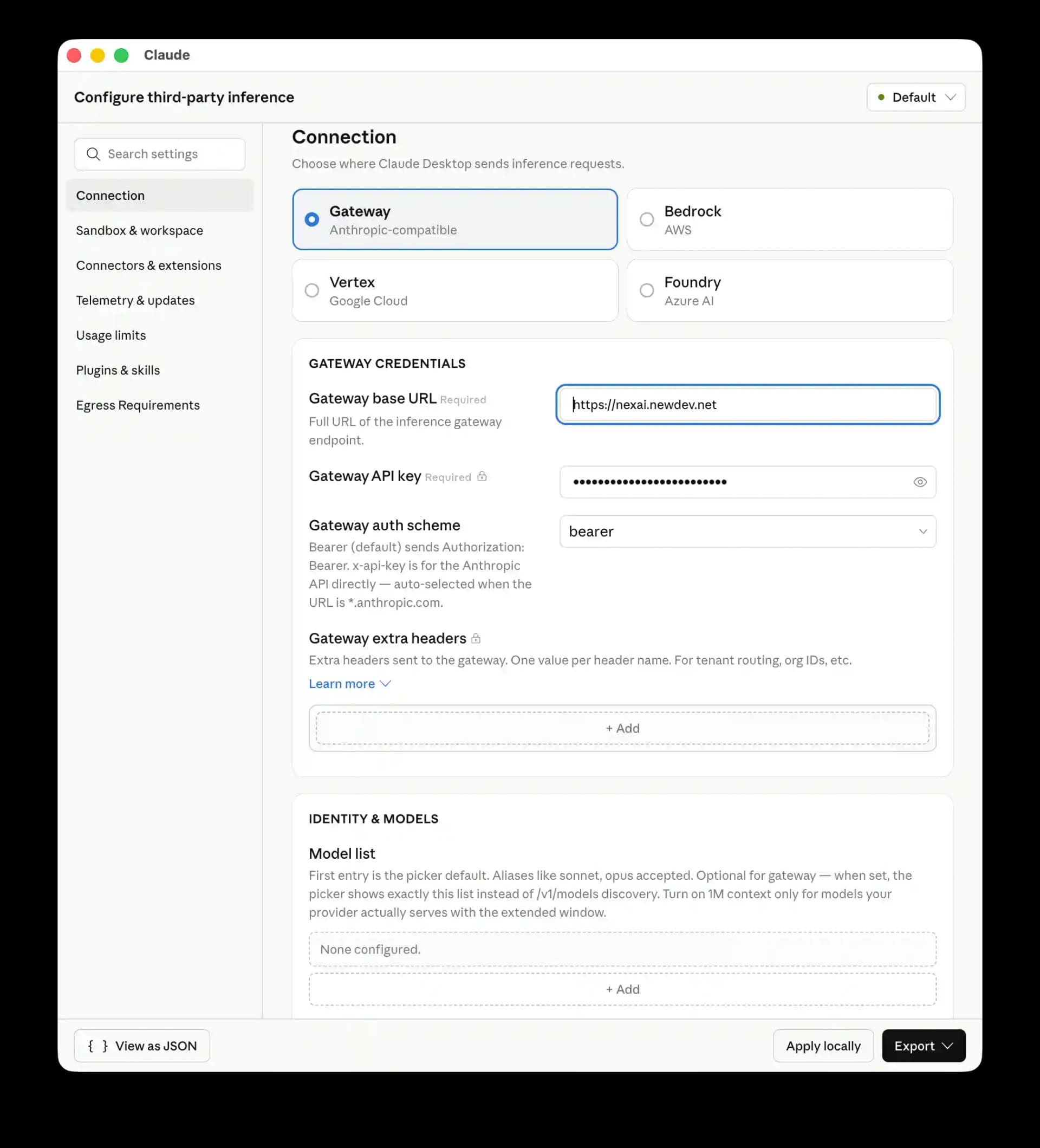 Claude Desktop — màn hình Configure Third-Party Inference với Gateway được chọn